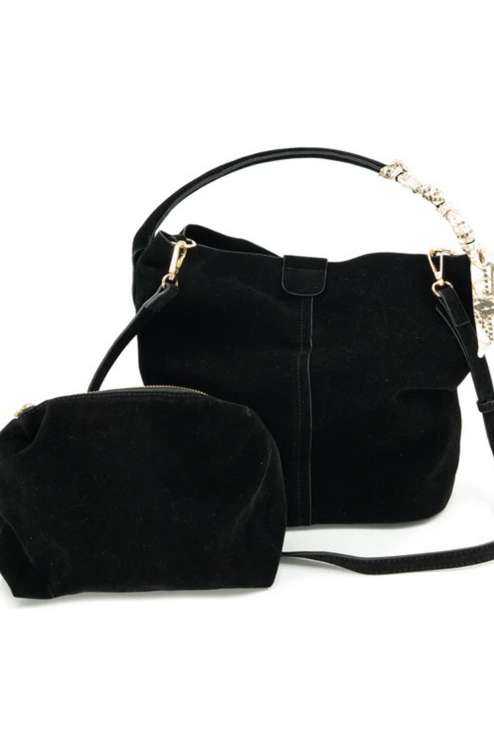 Large Faux Suede Bag with Ribbon Detail