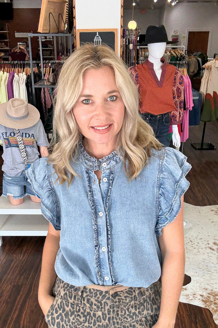 Denim Button Down Top with Ruffle Sleeve