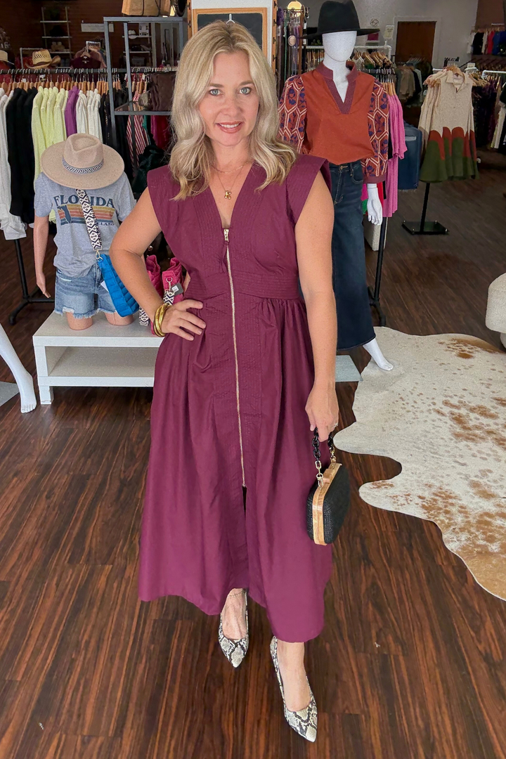 Cap Sleeve Zipper Front V-Neck Midi Dress