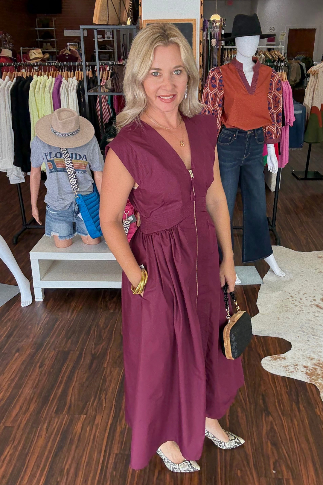 Cap Sleeve Zipper Front V-Neck Midi Dress