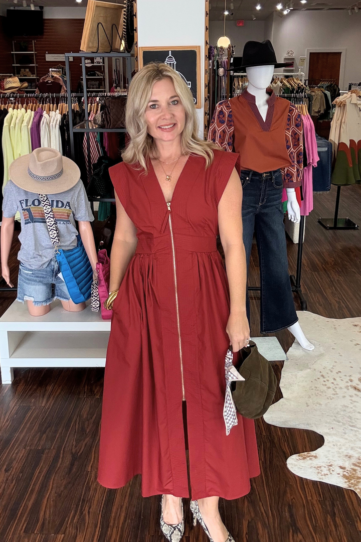 Cap Sleeve Zipper Front V-Neck Midi Dress