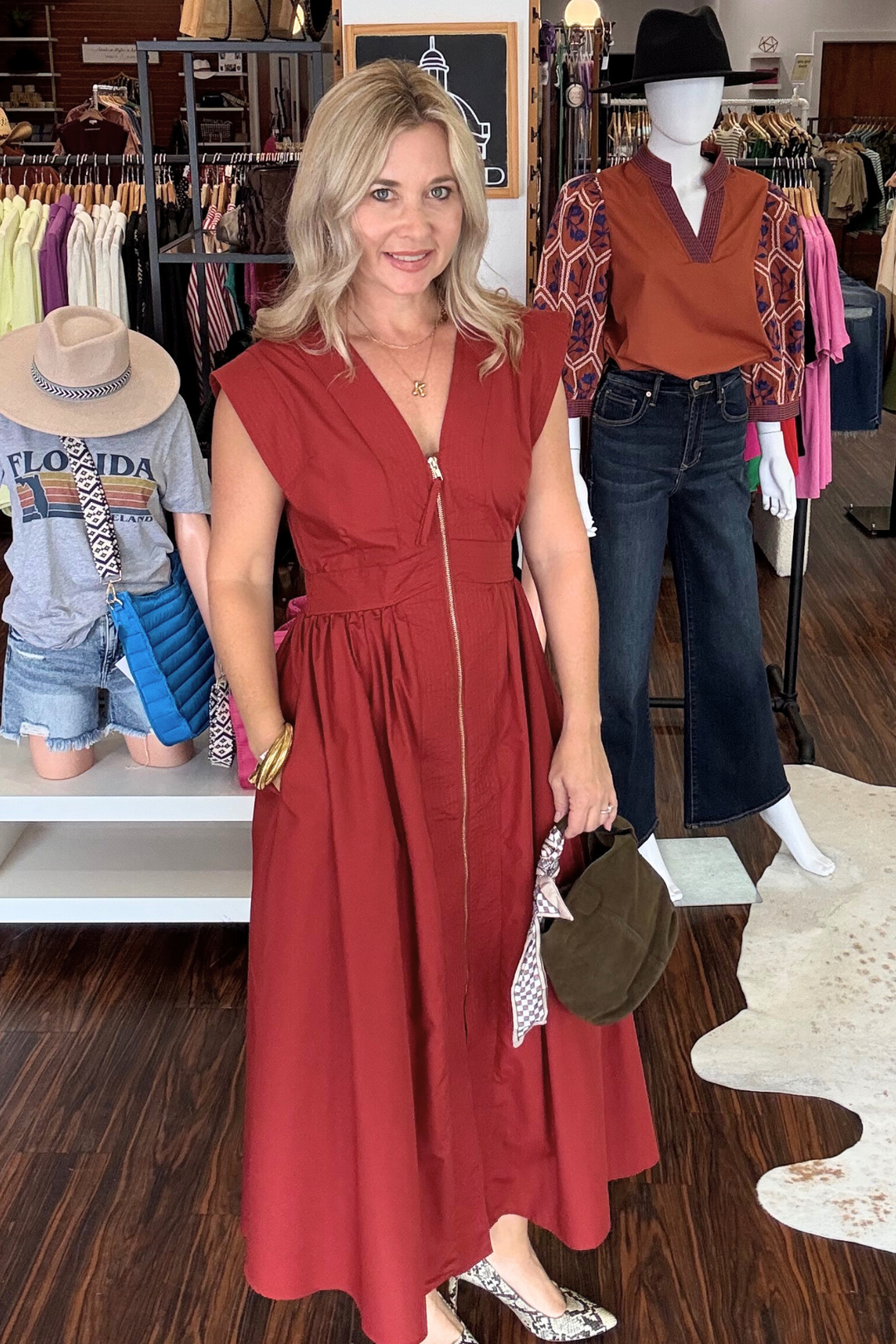 Cap Sleeve Zipper Front V-Neck Midi Dress