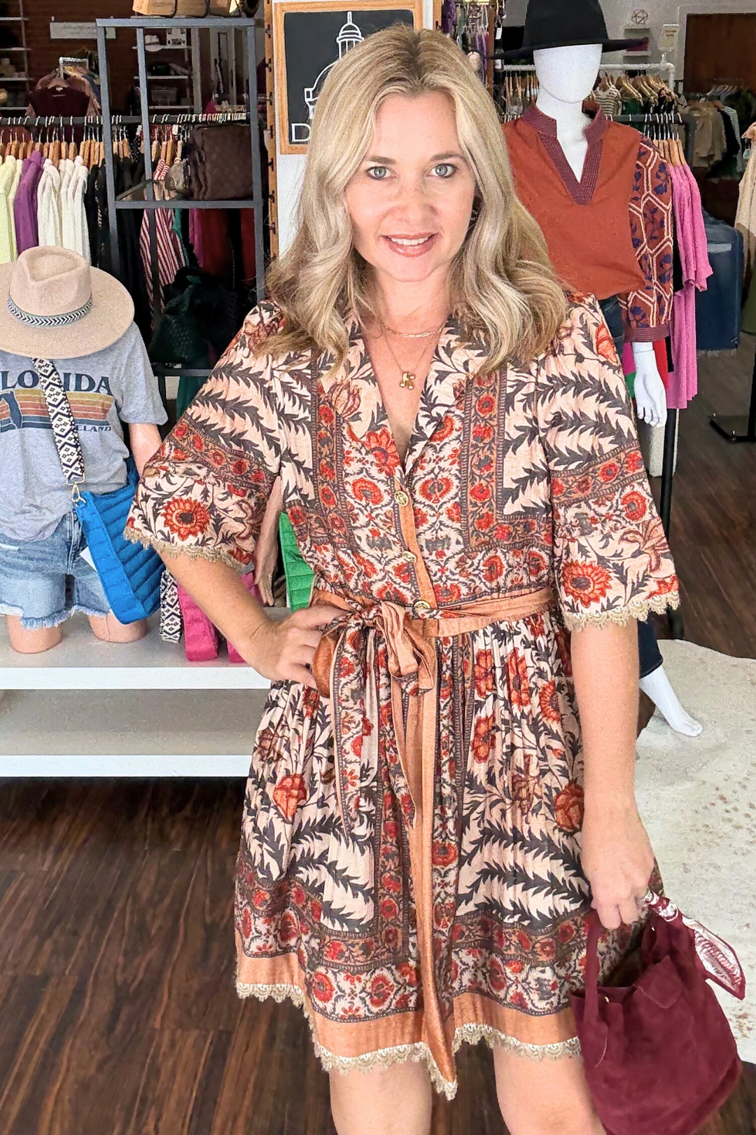 Botanical Print Dress with Lace Hem