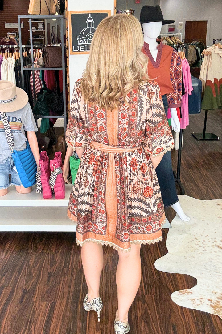 Botanical Print Dress with Lace Hem