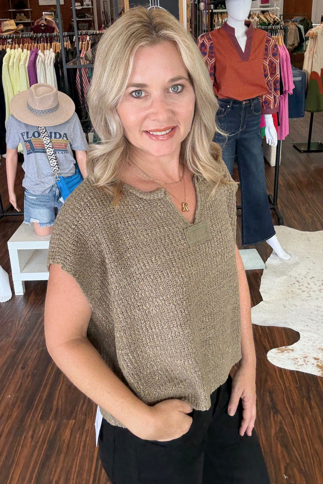 Notched Neck Short Sleeve Sweater
