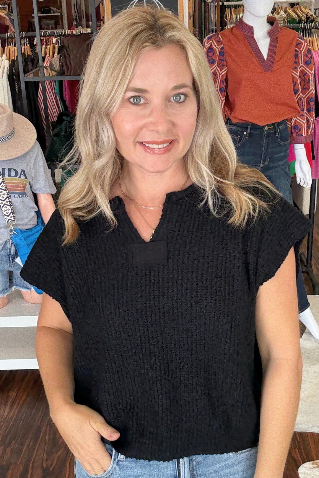 Notched Neck Short Sleeve Sweater