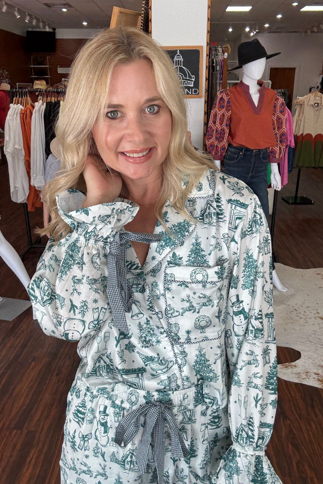 Green and White Christmas Holiday Print Satin Pajama Set