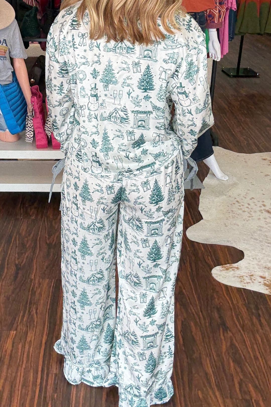 Green and White Christmas Holiday Print Satin Pajama Set