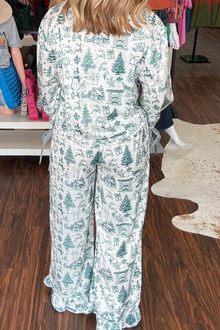 Green and White Christmas Holiday Print Satin Pajama Set