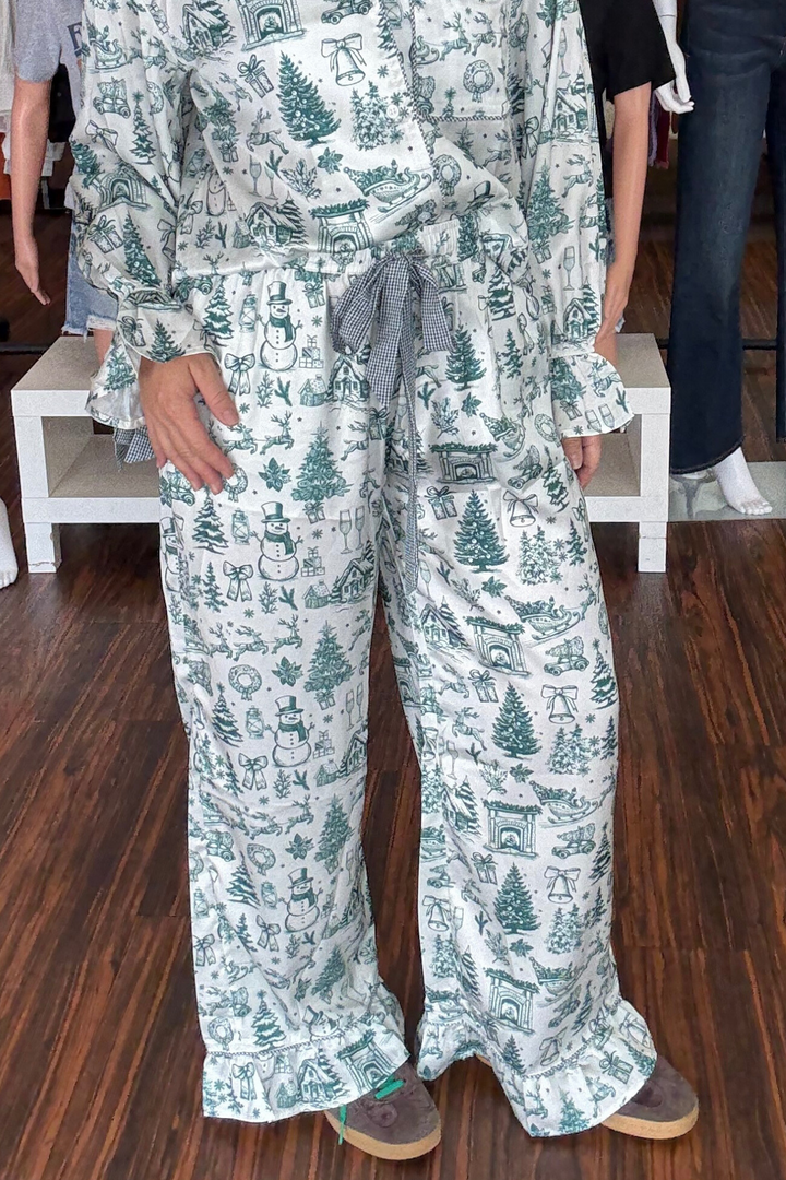 Green and White Christmas Holiday Print Satin Pajama Set