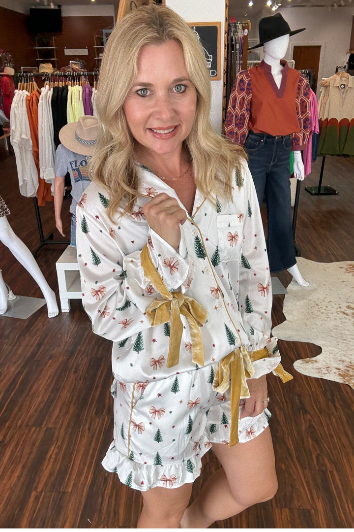 Gold Bow and Christmas Tree Satin Pajama Set