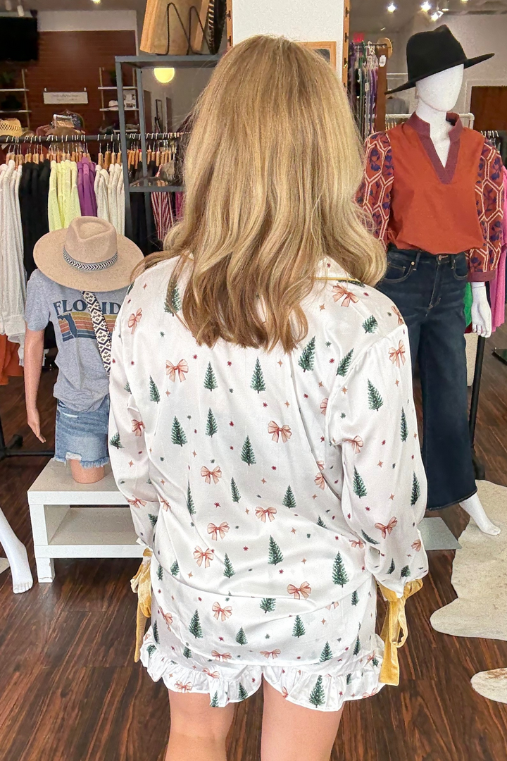 Gold Bow and Christmas Tree Satin Pajama Set