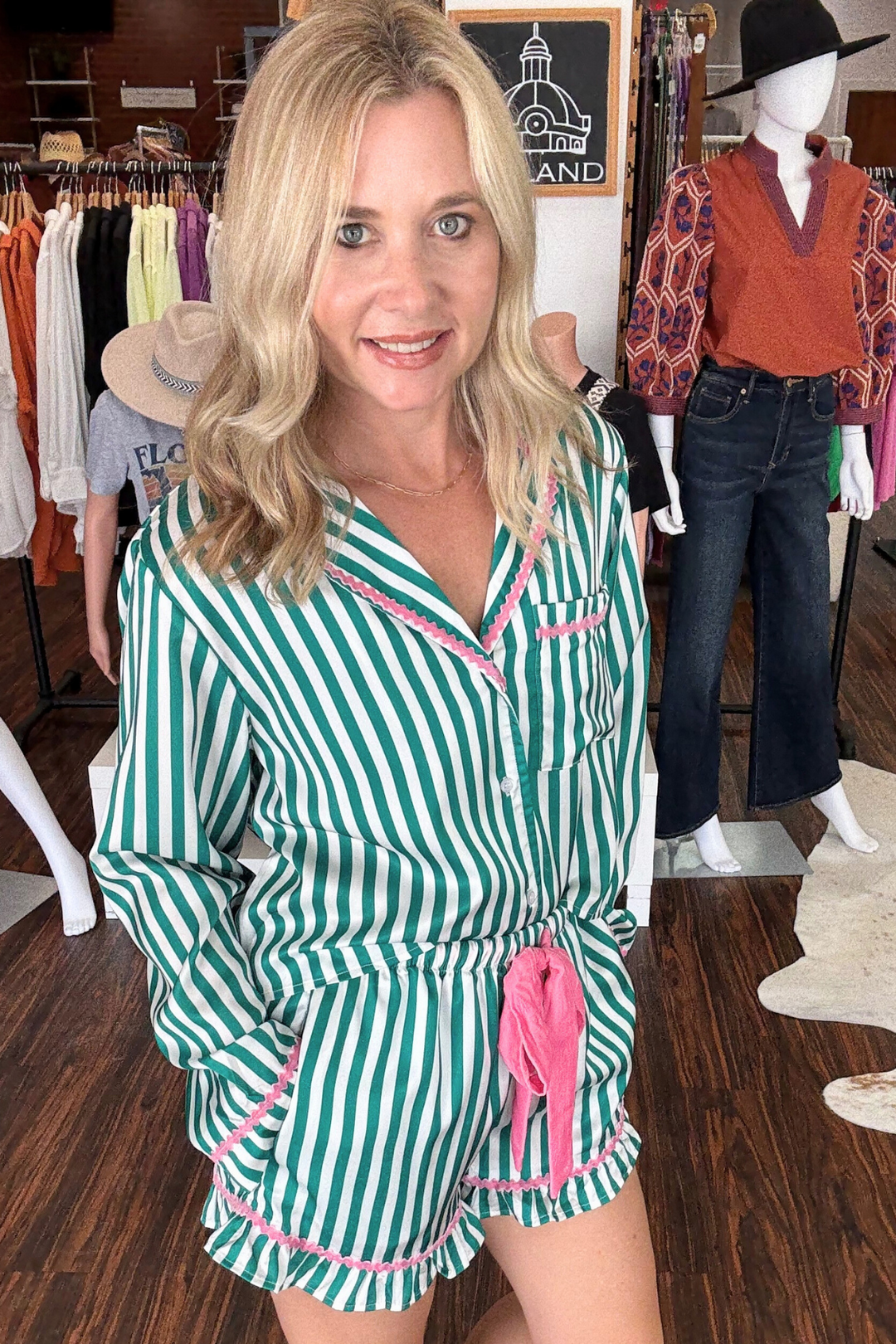 Kelly Green and Pink Satin Holiday Pajama Set