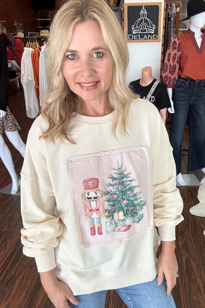 Christmas Printed Corduroy Patch with Scalloped Lace Detail Sweatshirt
