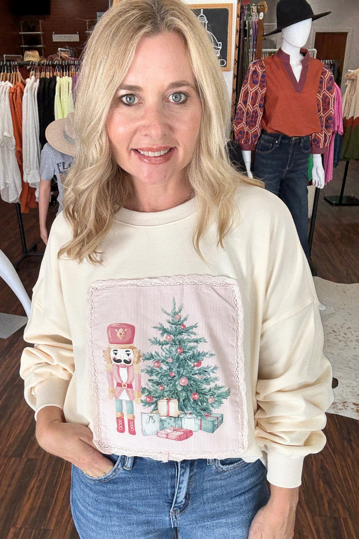 Christmas Printed Corduroy Patch with Scalloped Lace Detail Sweatshirt