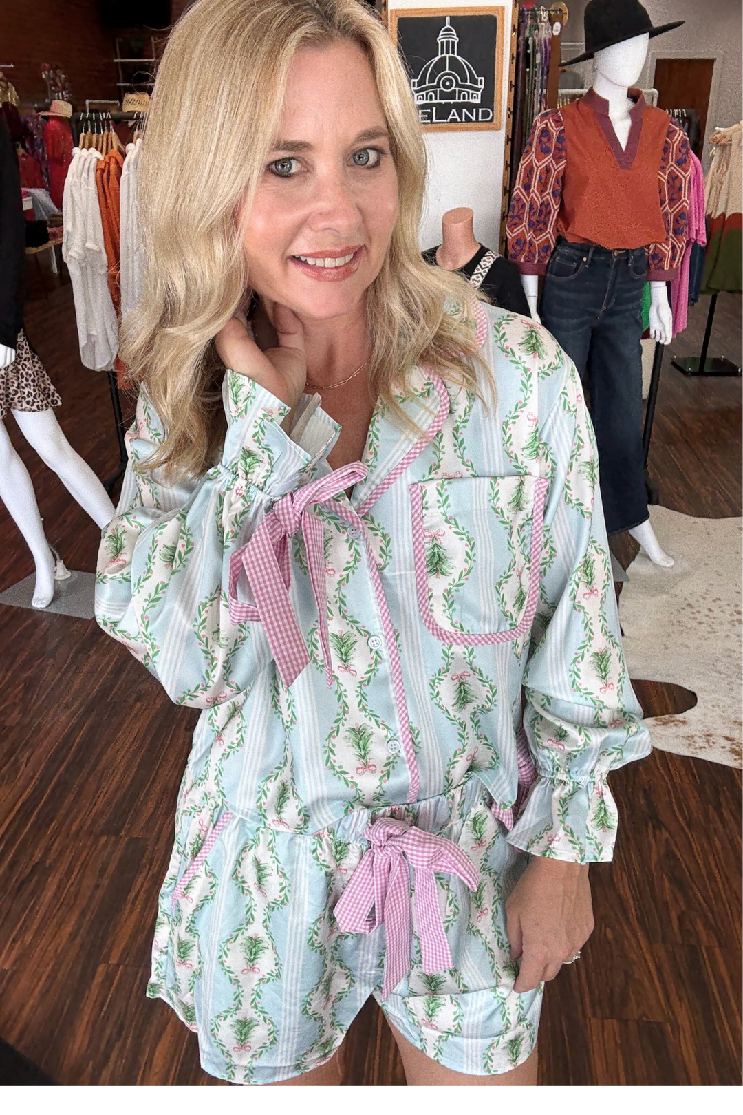 Christmas Print Satin Gingham Pajama Set