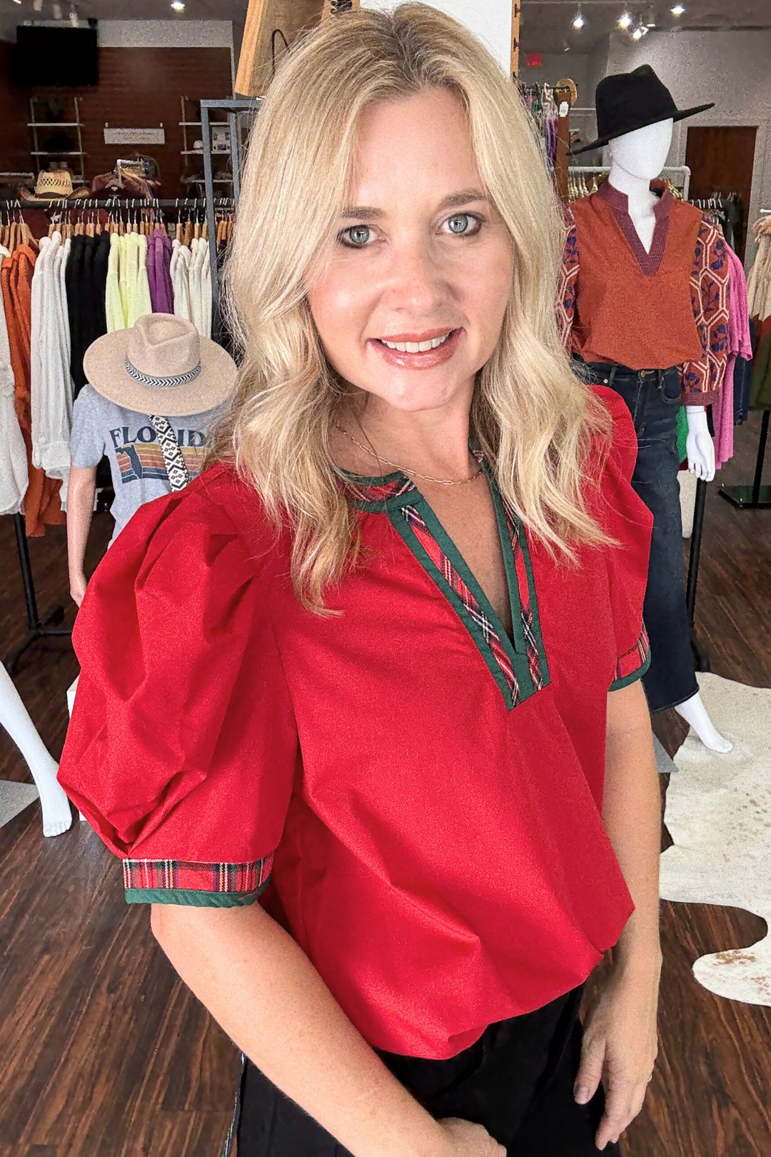 Short Puff Sleeve Top with Plaid Contrast