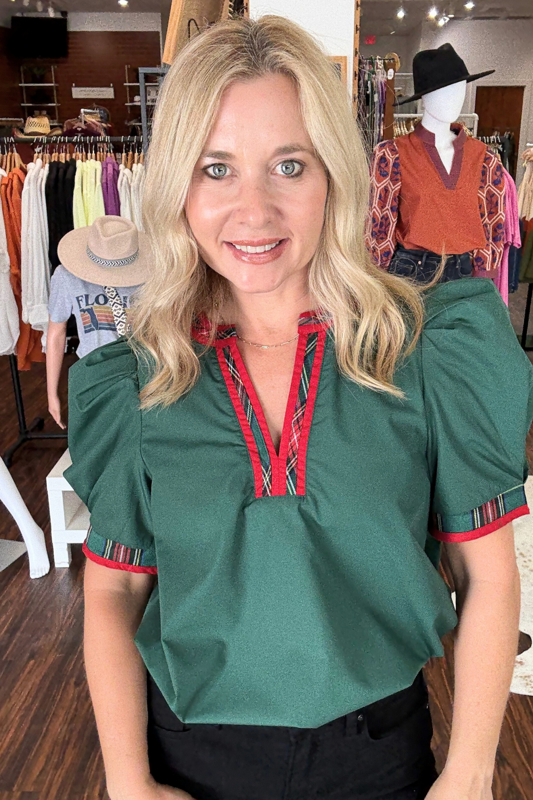 Short Puff Sleeve Top with Plaid Contrast