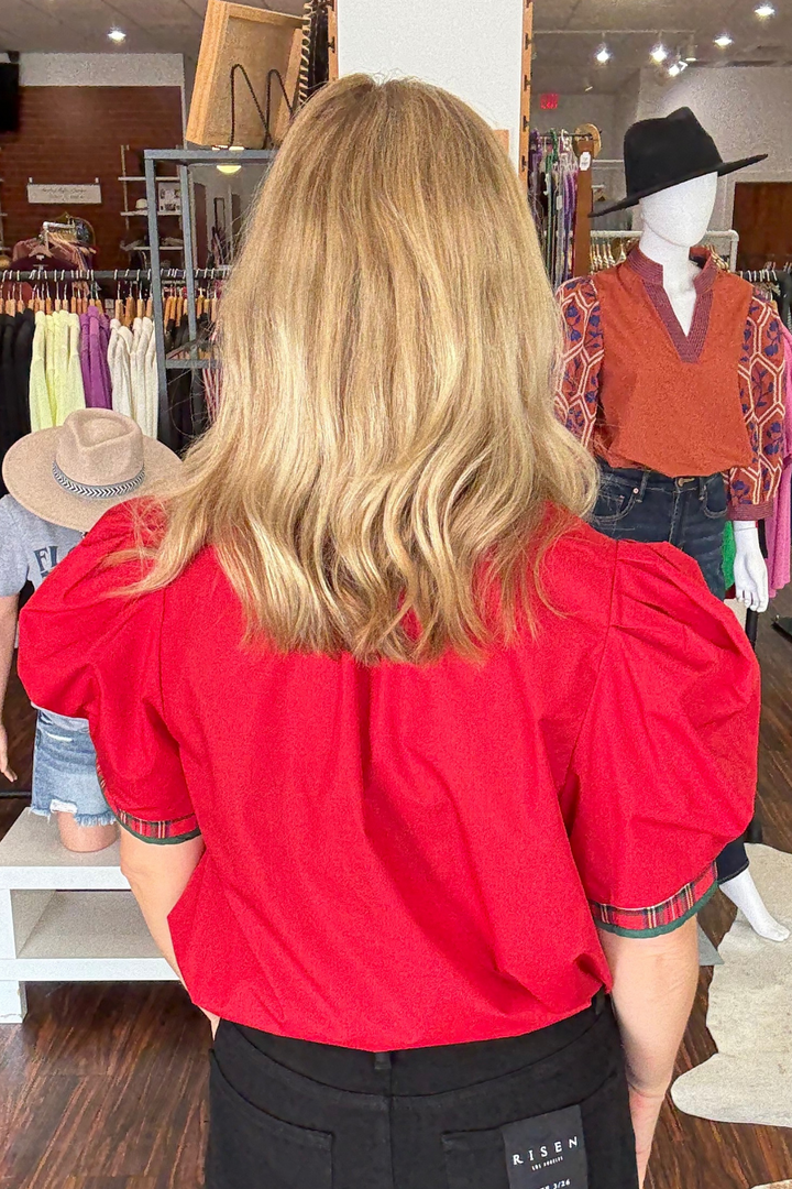 Short Puff Sleeve Top with Plaid Contrast