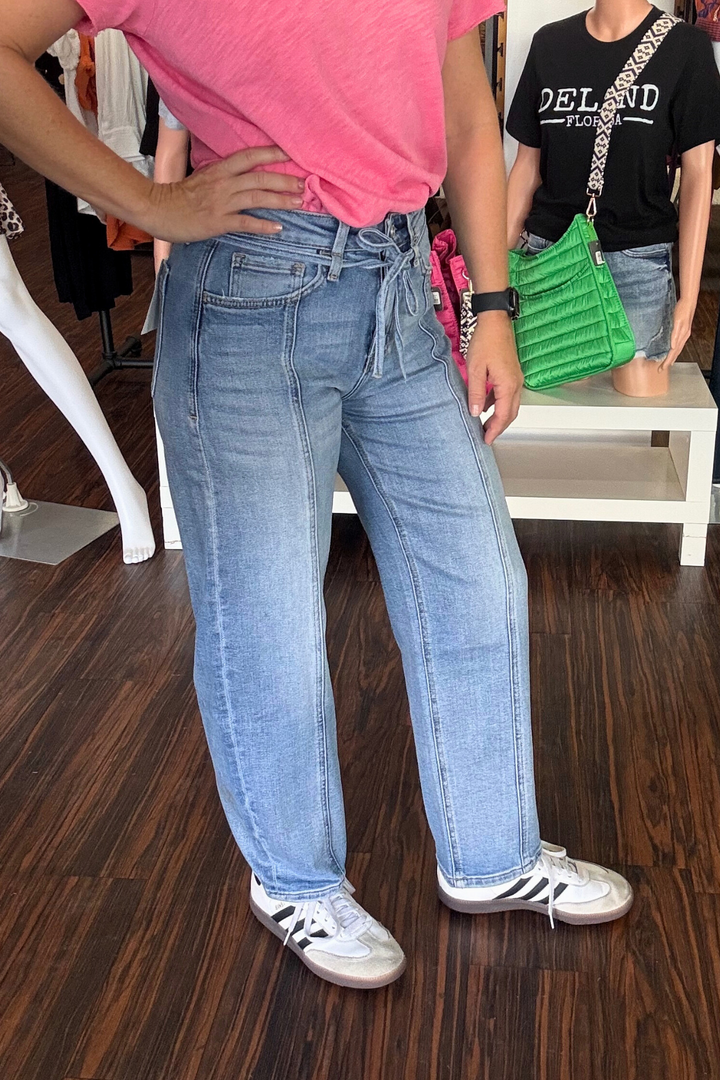 High Rise Barrel Jeans with Tie Waist