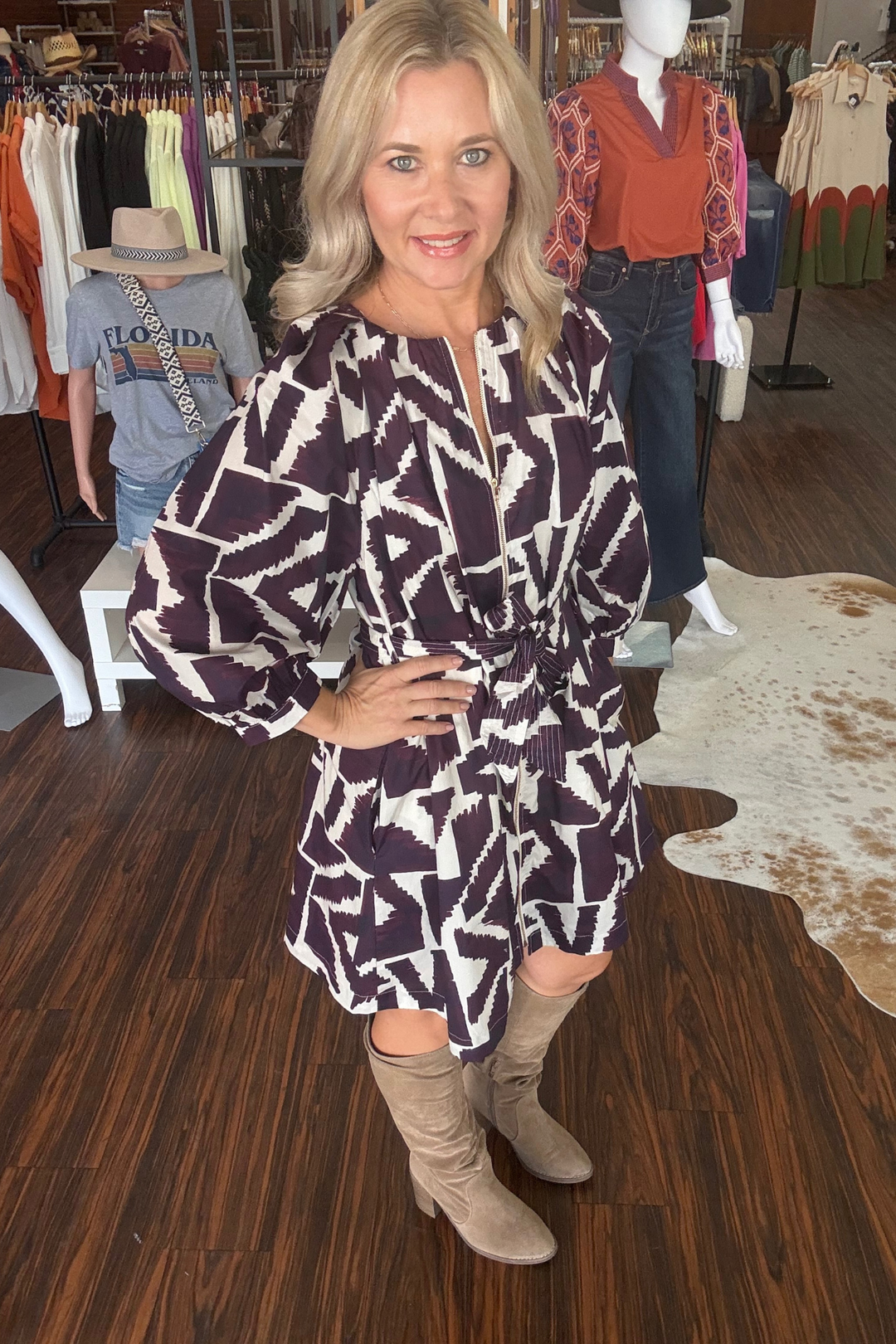 Geometric Print 3/4 Sleeve Dress