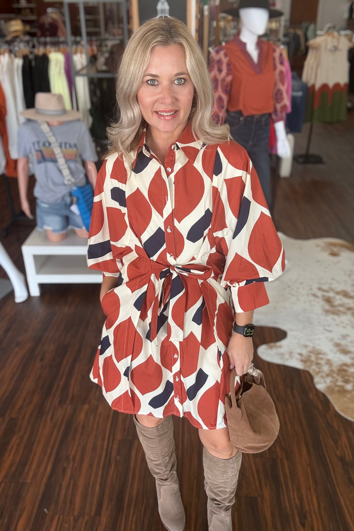 3/4 Sleeve Orange and Navy Mini Dress