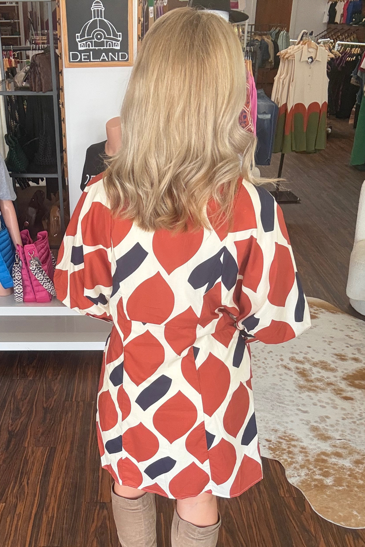 3/4 Sleeve Orange and Navy Mini Dress