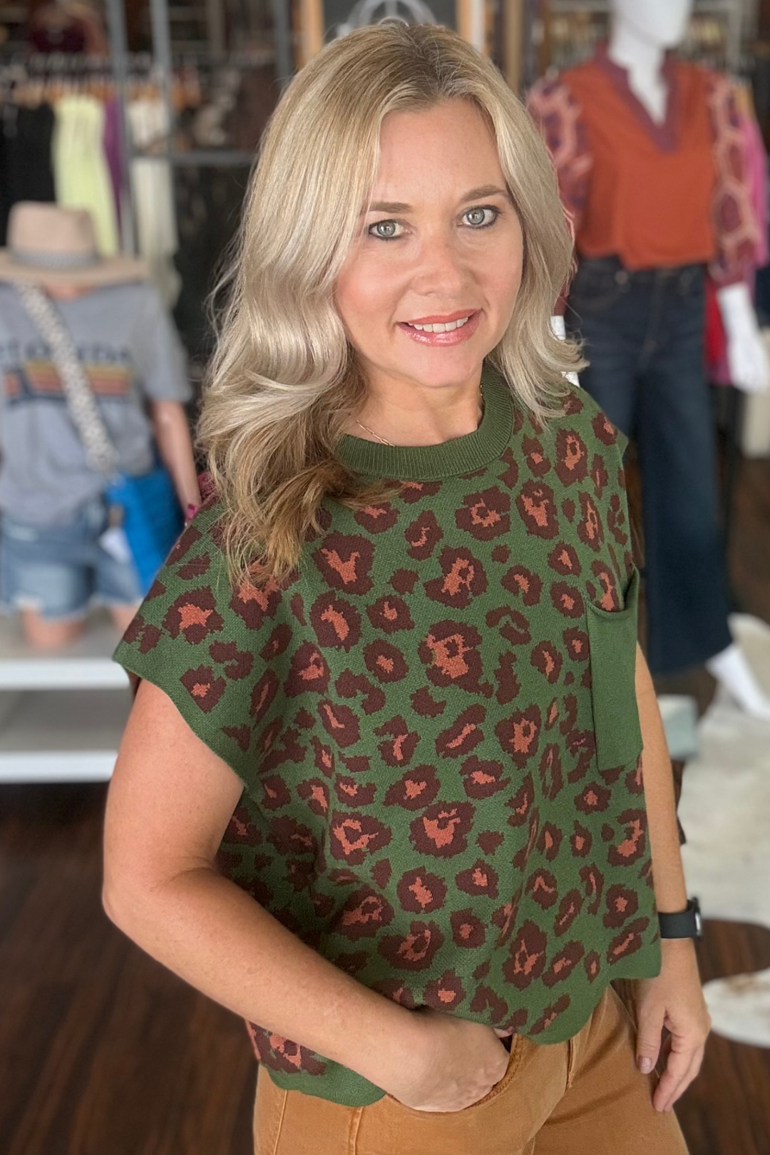 Green Animal Print Cap Sleeve Knit Top