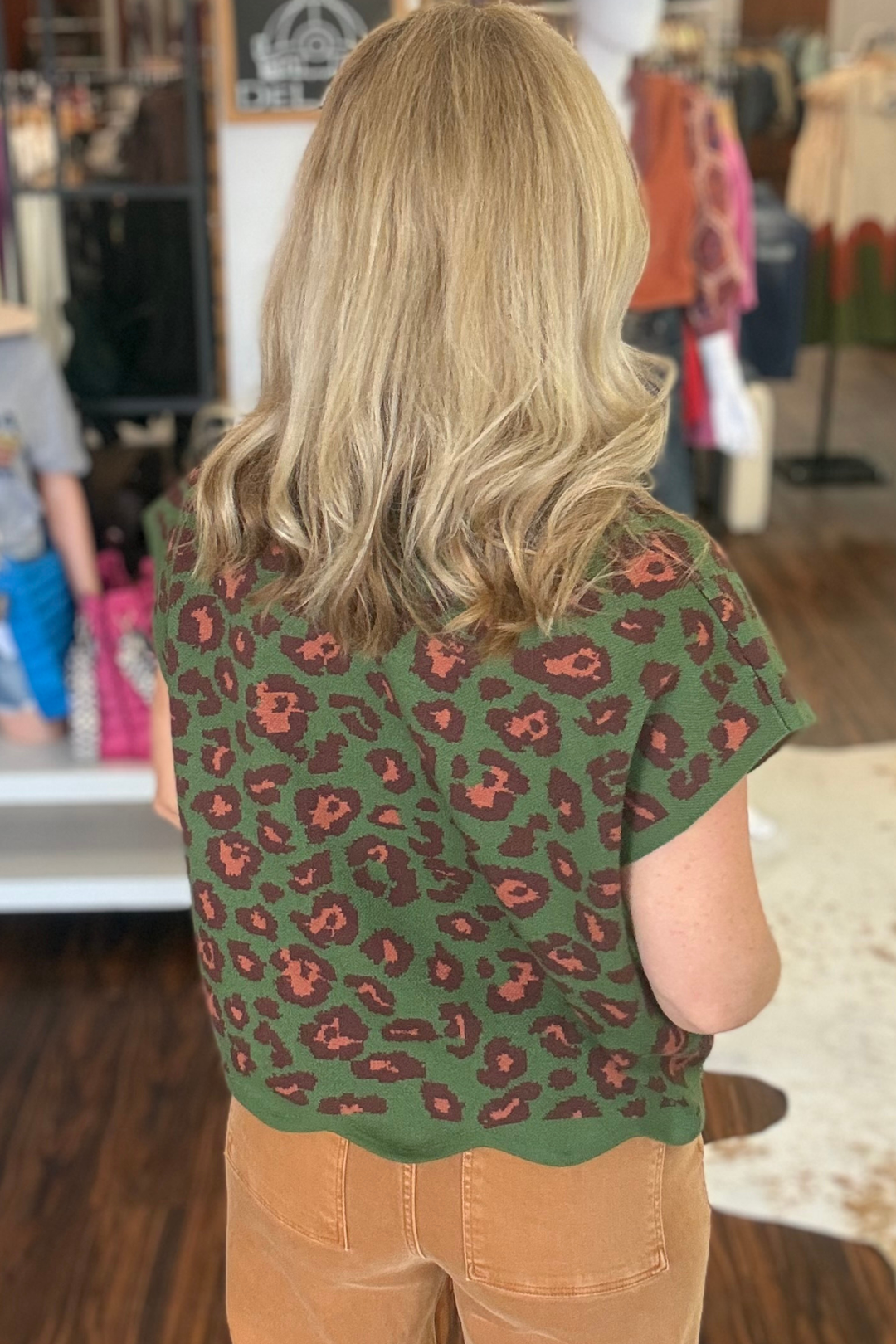 Green Animal Print Cap Sleeve Knit Top