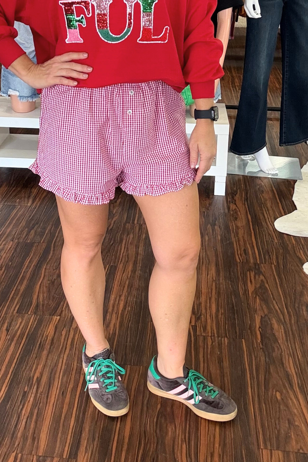 Gingham Ruffled Shorts with "Cheers" Across the Back