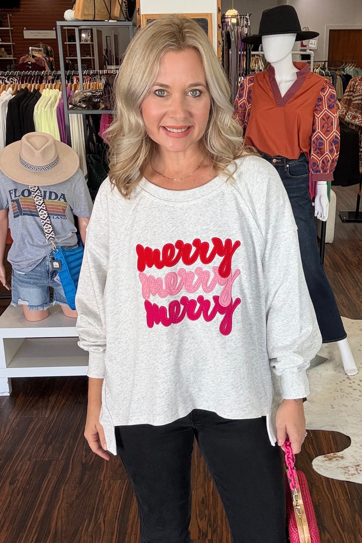 Grey Sweatshirt with Embroidered "Merry, Merry, Merry"