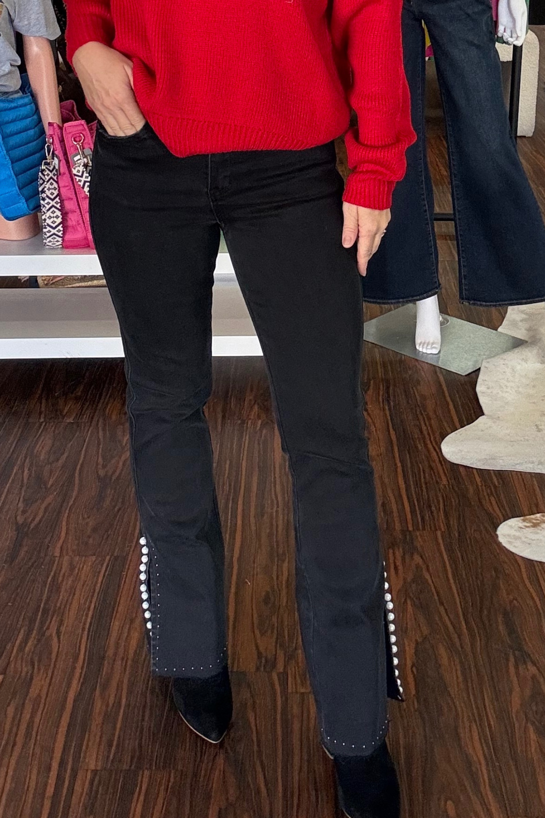 Vervet Boot Cut Pearl and Stud Embellished Jeans