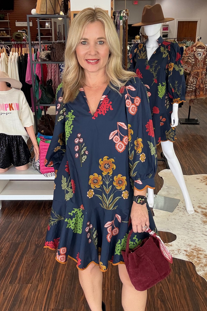 Navy Floral Puff Sleeve Dress