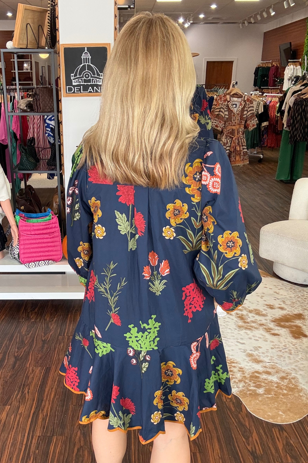 Navy Floral Puff Sleeve Dress
