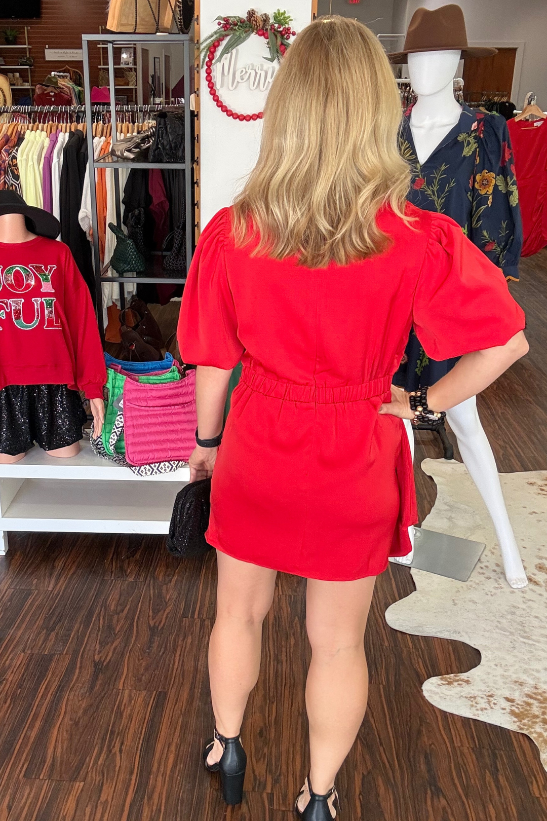 Red Mini Dress with Rouching and Puff Sleeve