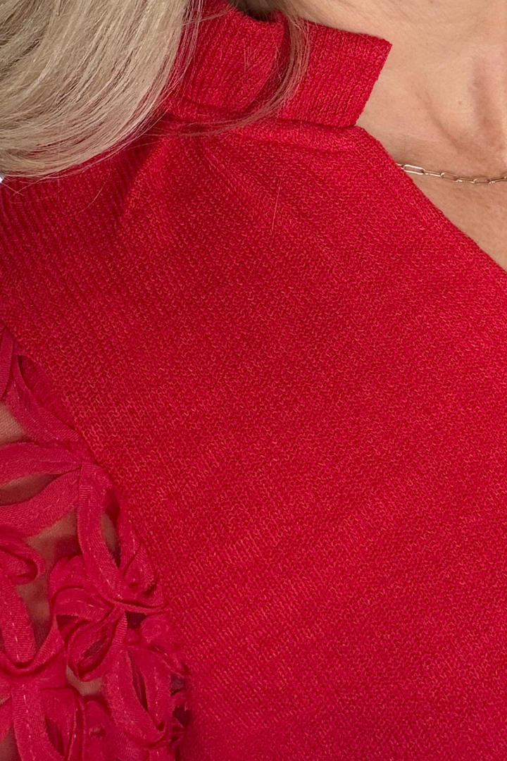 Red Lace Sleeve V-Neck Top