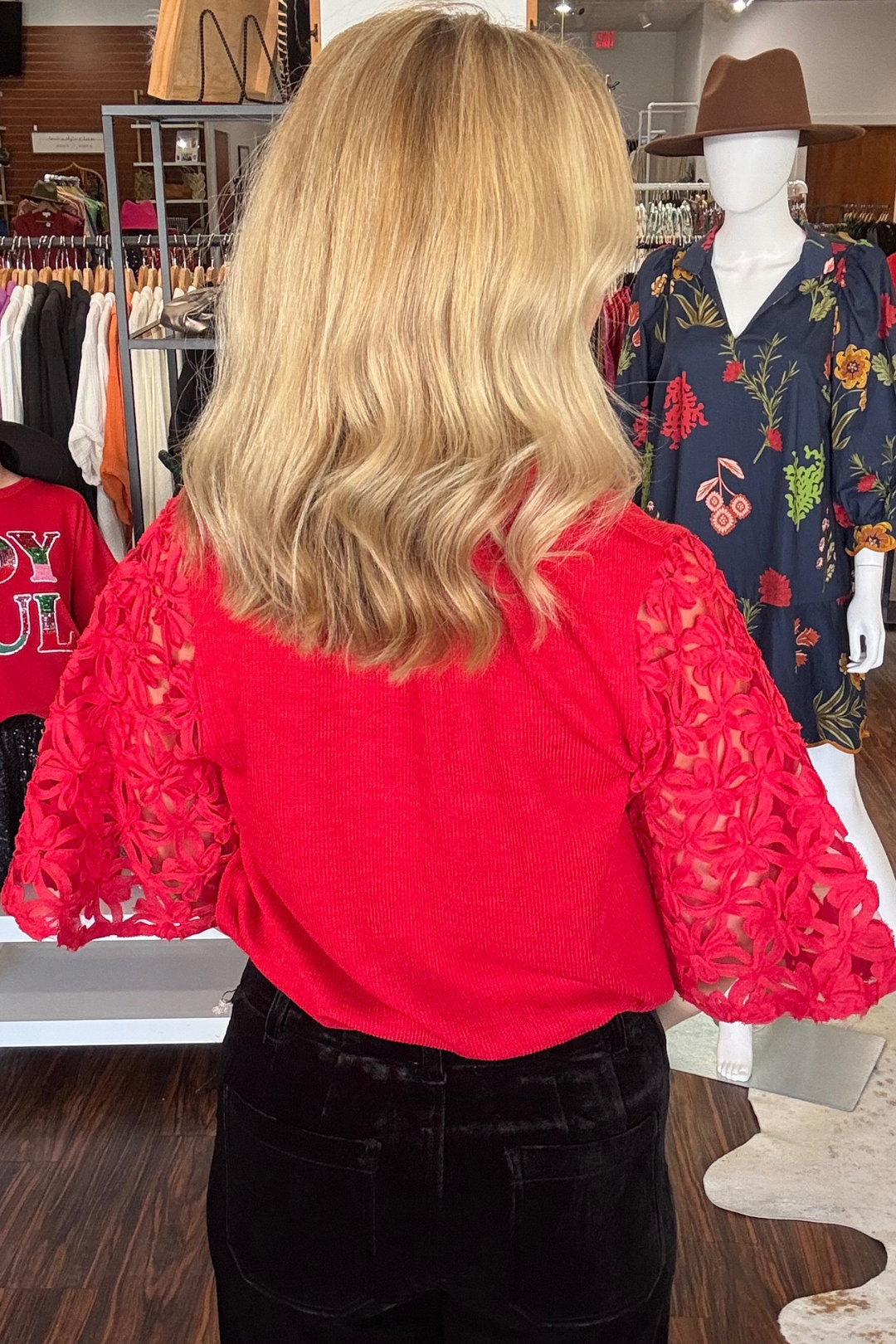 Red Lace Sleeve V-Neck Top