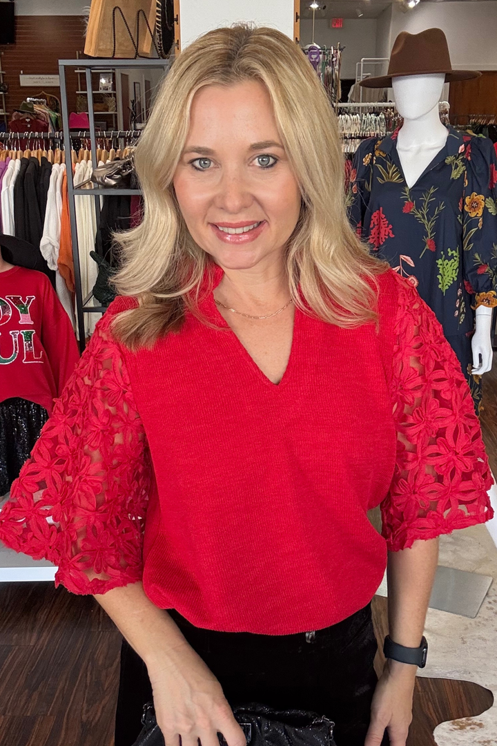 Red Lace Sleeve V-Neck Top