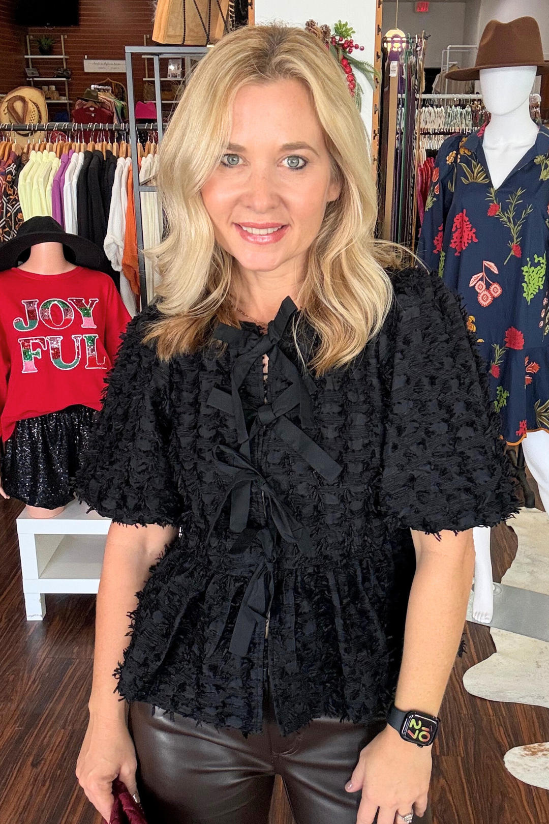 Puff Sleeve Textured Top with Bow Detail