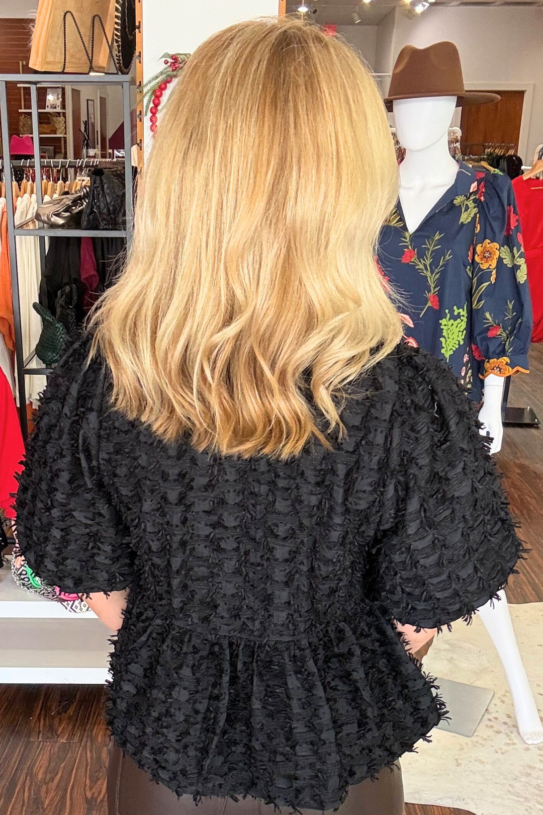 Puff Sleeve Textured Top with Bow Detail