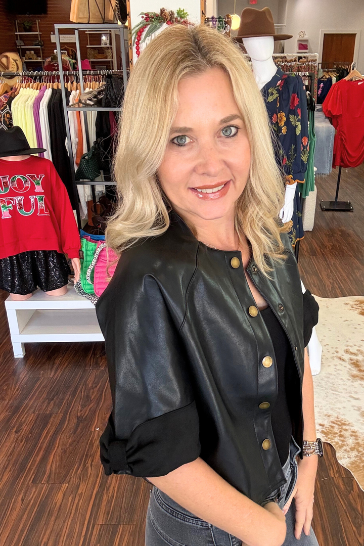 Suede Trim Short Sleeve Faux Leather Jacket