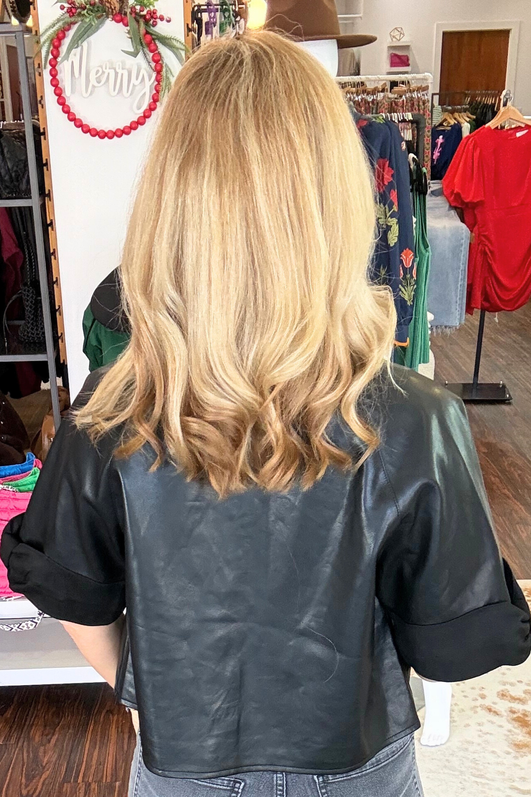 Suede Trim Short Sleeve Faux Leather Jacket