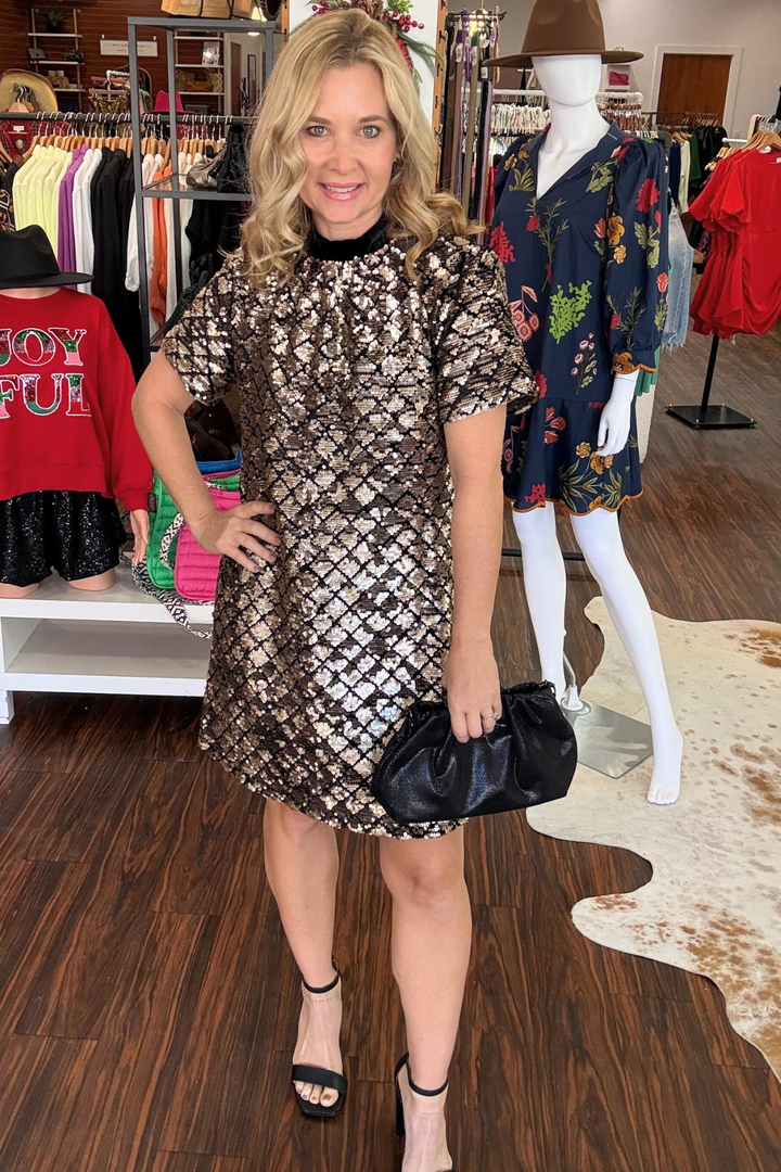 Leslie Sequin Nova Back Bow Tie Mini Dress