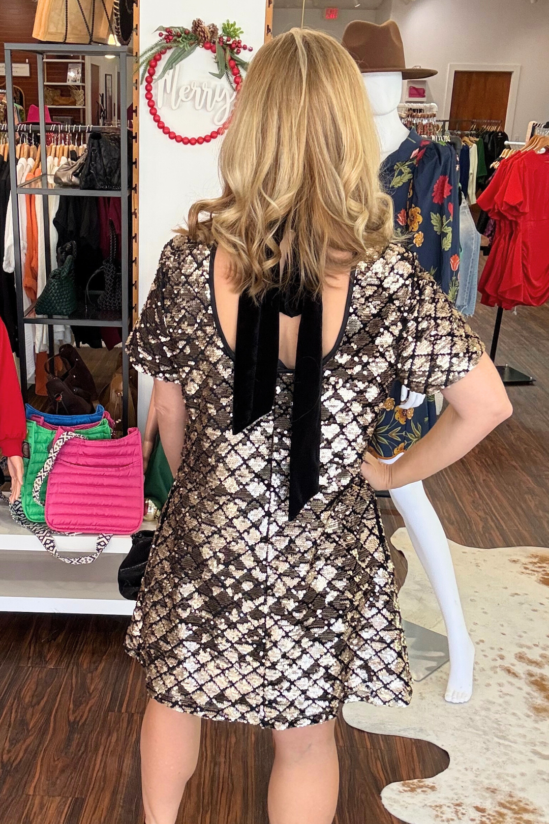 Leslie Sequin Nova Back Bow Tie Mini Dress