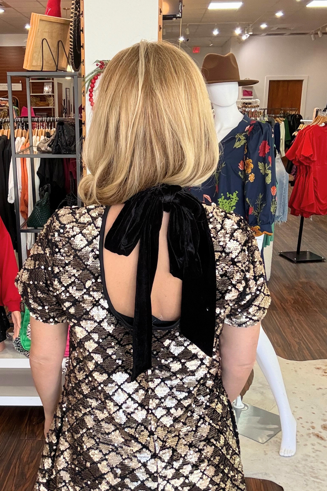 Leslie Sequin Nova Back Bow Tie Mini Dress