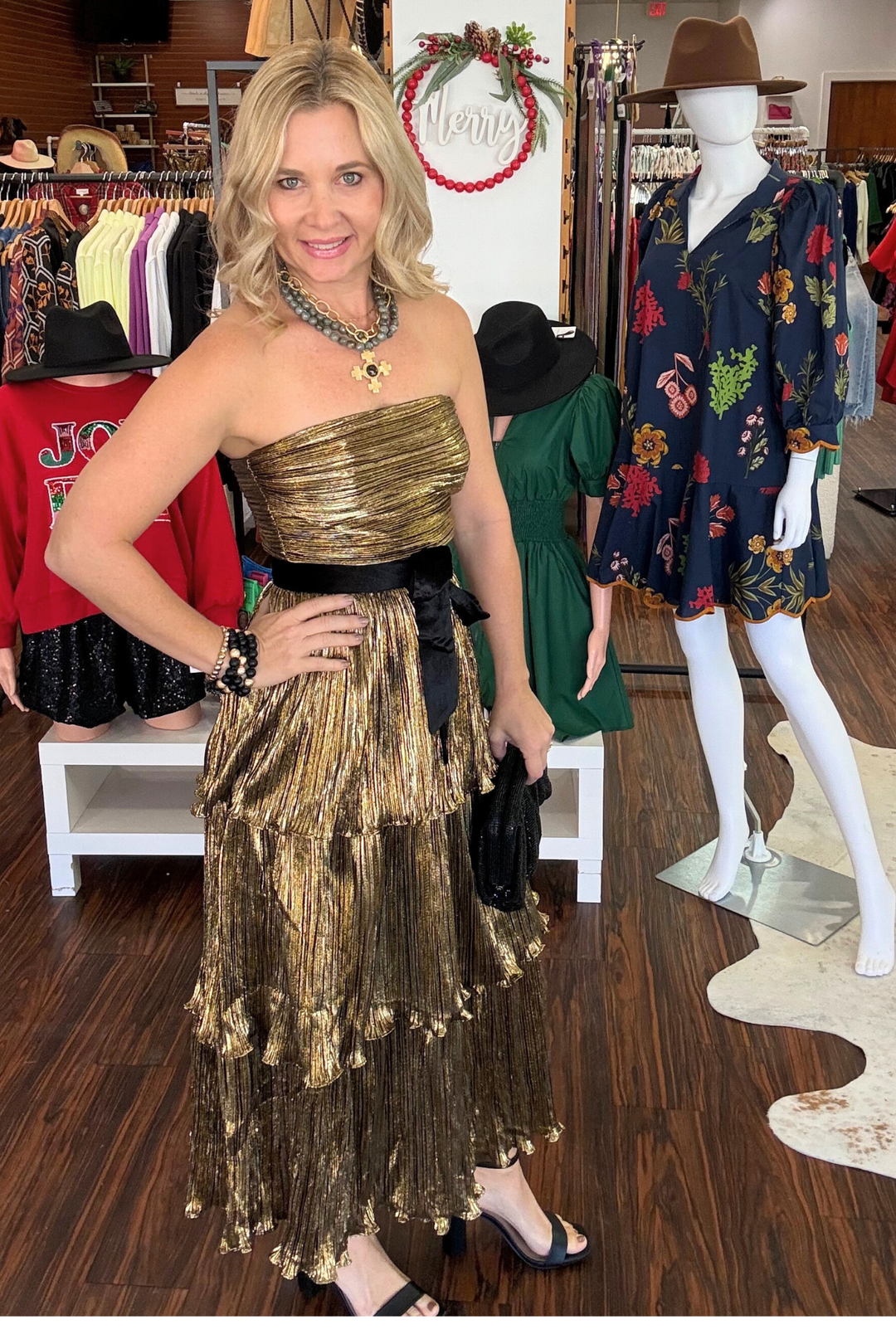 Katia Gold Metallic Strapless Tiered Midi Dress