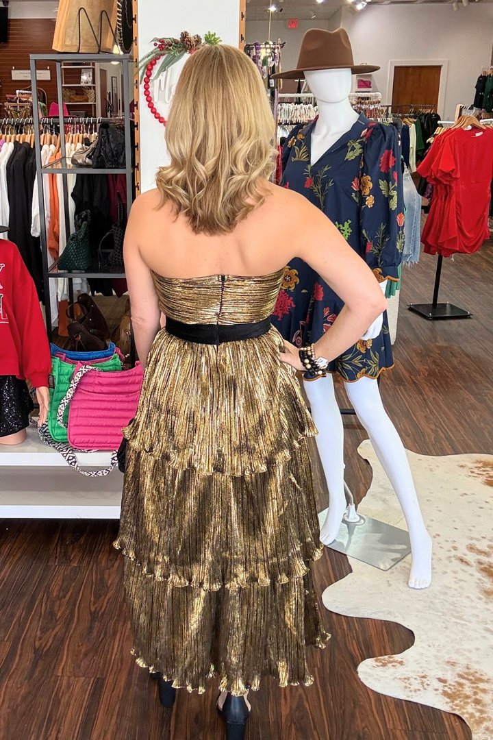 Katia Gold Metallic Strapless Tiered Midi Dress