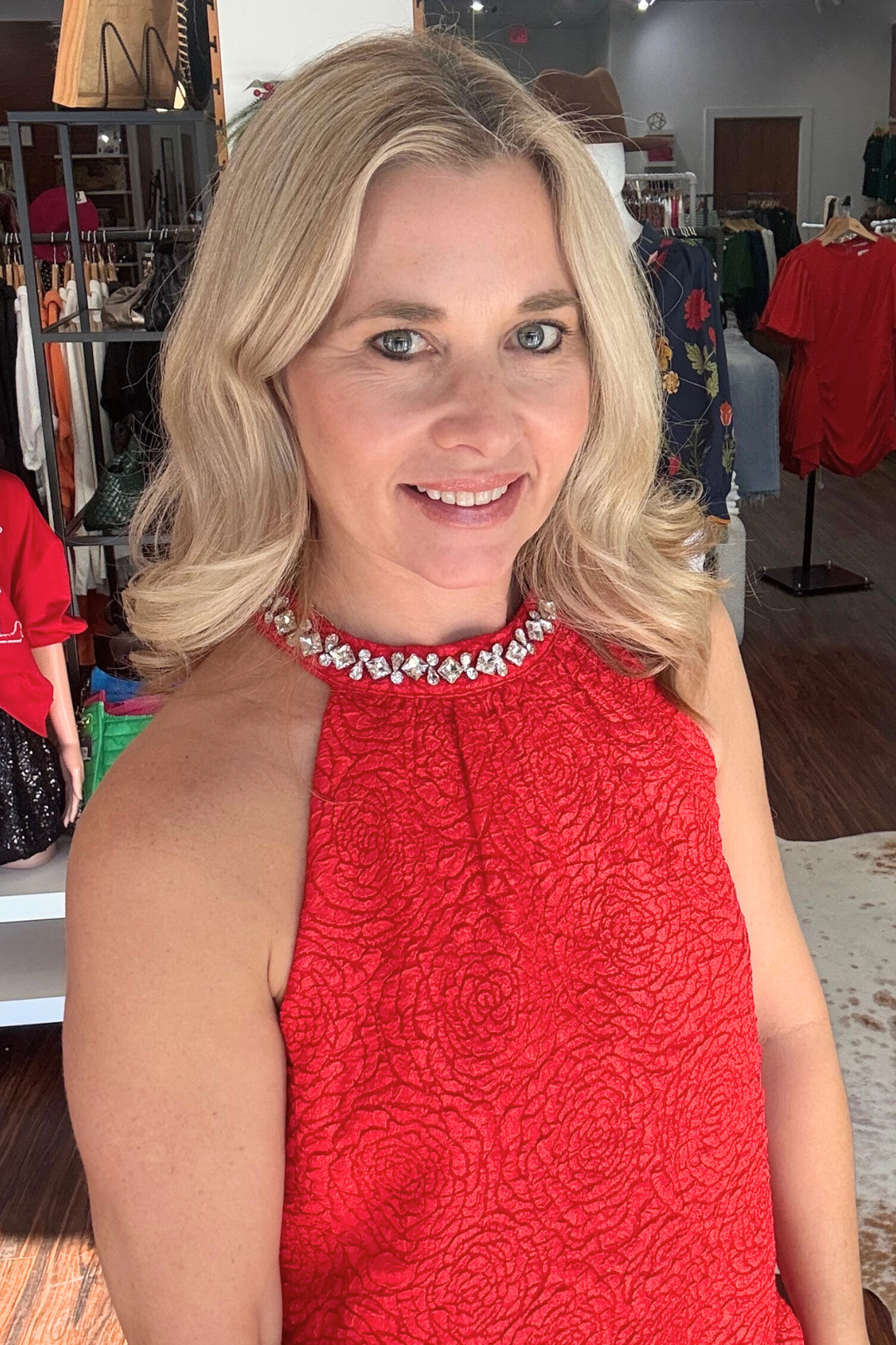 Red Textured Mini Dress with Jewel Detail