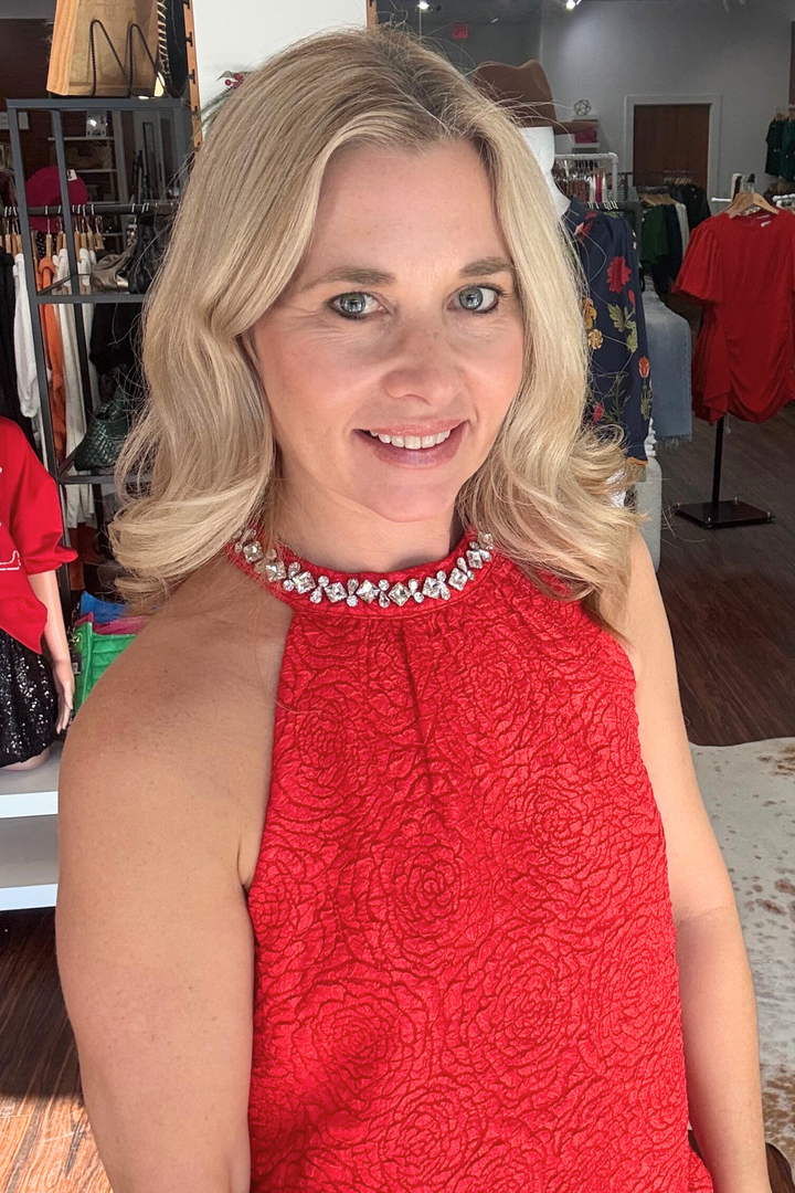 Red Textured Mini Dress with Jewel Detail