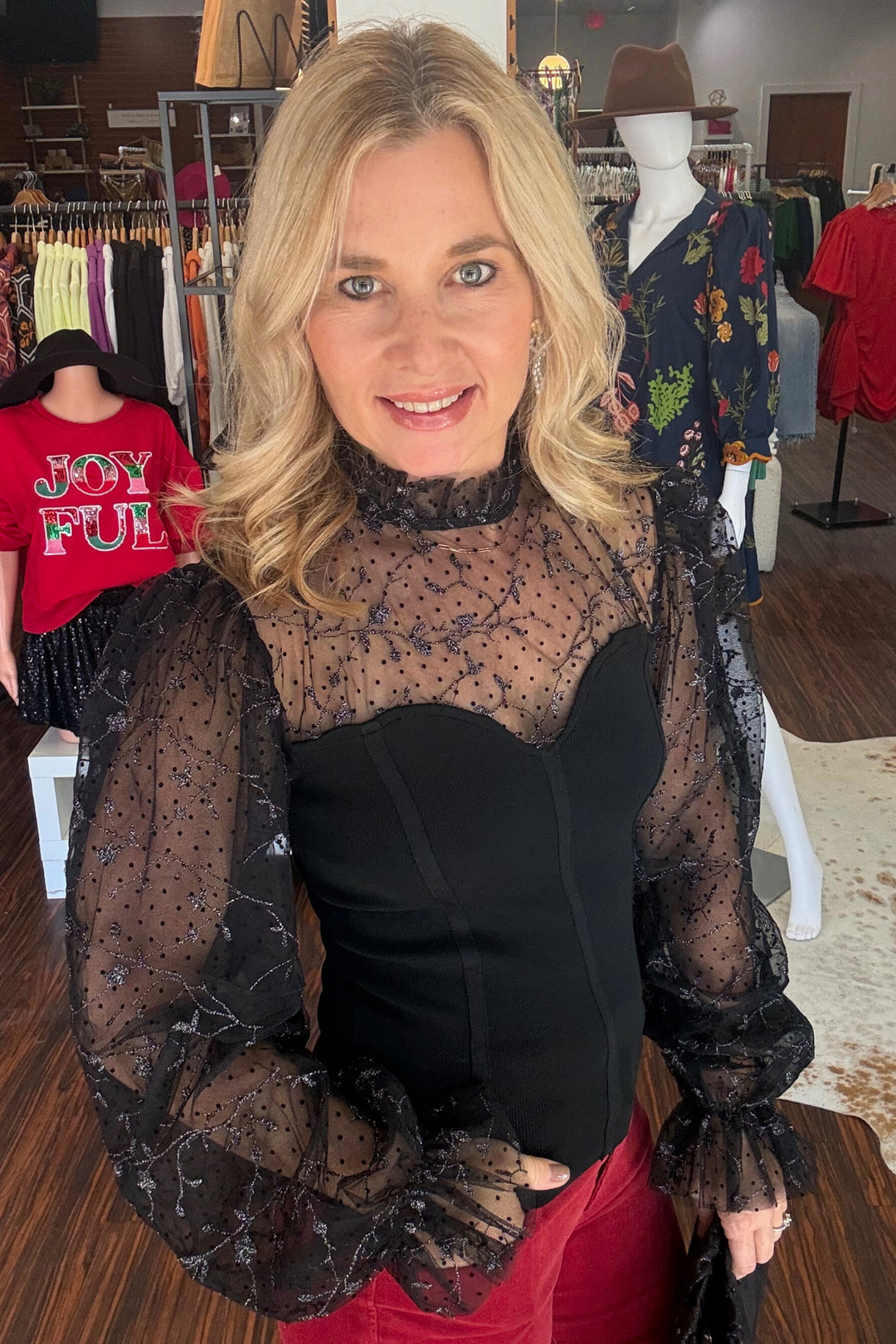 Bandage Top with Lace Puff Sleeve Contrast